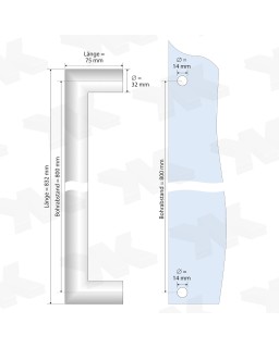 Stoßgriff gerade, Ø 32 mm, Länge 832 mm, Edelstahl V2A